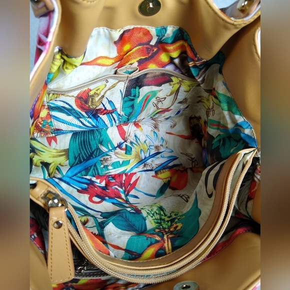 Sharif Hand Painted Tan Leather Purse Gorgeous Pink Florals - Picture 5 of 15